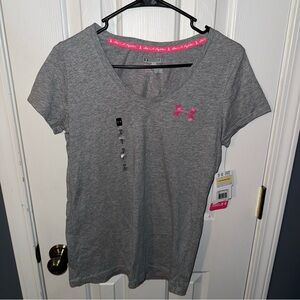 Under Armour Women's Heather Gray Tee with Pink Logo